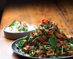 Honey & Ginger Candied Pork Belly Stir Fry with Green Bean Pomelo Salad