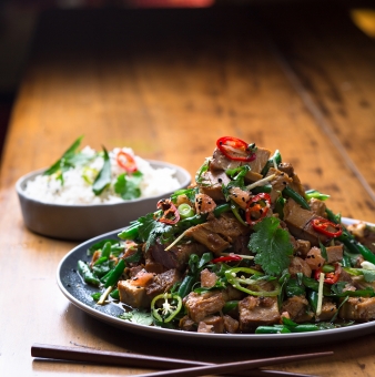 Honey & Ginger Candied Pork Belly Stir Fry with Green Bean Pomelo Salad