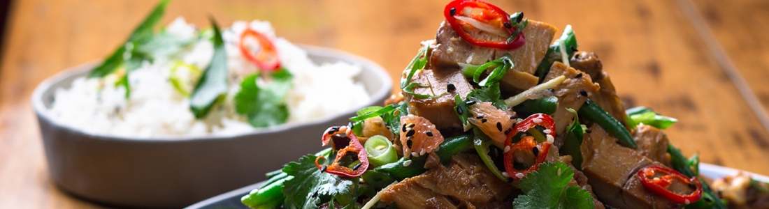 Honey & Ginger Candied Pork Belly Stir Fry with Green Bean Pomelo Salad