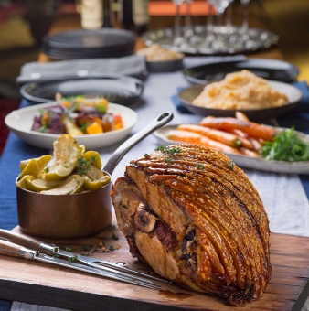 Roast Crispy Skin Pork Leg with Seasonal Sides