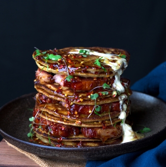 Spicy Honey Glazed Bacon Steak Pancake Stack