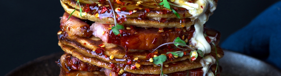 Spicy Honey Glazed Bacon Steak Pancake Stack