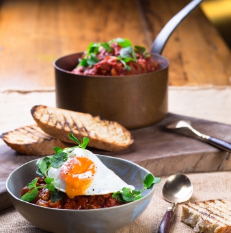 Pork & Beans with Sourdough Toast and Free Range Fried Eggs