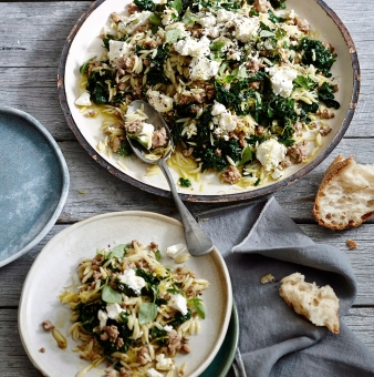 ORZO WITH PORK, SPINACH AND FETA