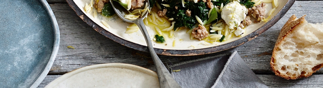 ORZO WITH PORK, SPINACH AND FETA