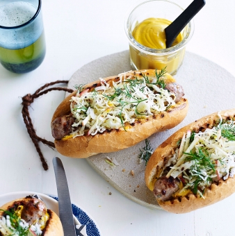 PORK SAUSAGES WITH CARAWAY SEED, CABBAGE AND APPLE SLAW