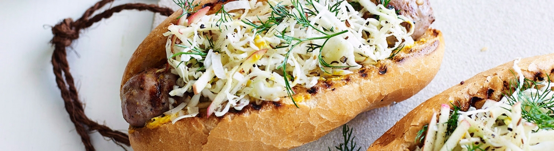 PORK SAUSAGES WITH CARAWAY SEED, CABBAGE AND APPLE SLAW