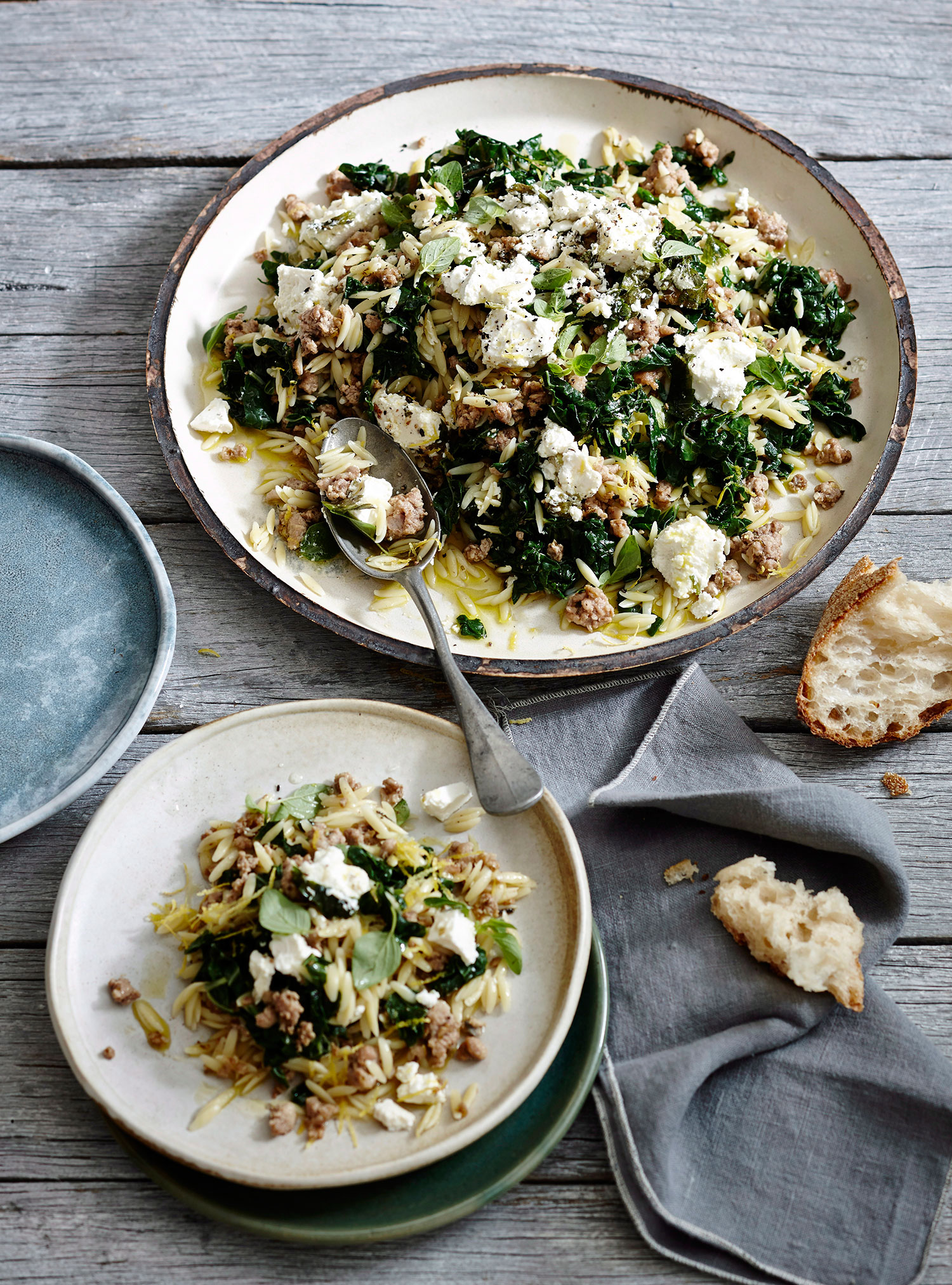 ORZO WITH PORK, SPINACH AND FETA