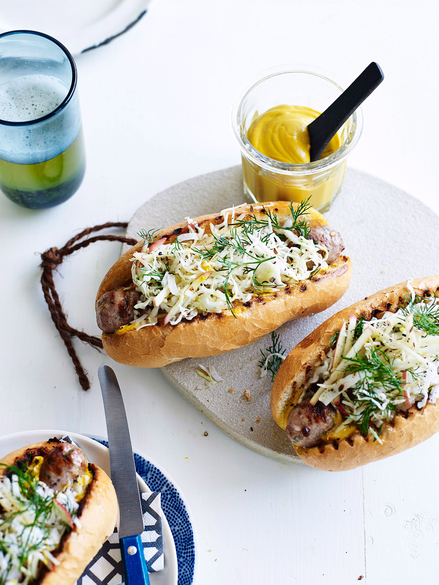 PORK SAUSAGES WITH CARAWAY SEED, CABBAGE AND APPLE SLAW