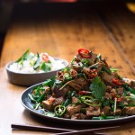Honey & Ginger Candied Pork Belly Stir Fry with Green Bean Pomelo Salad