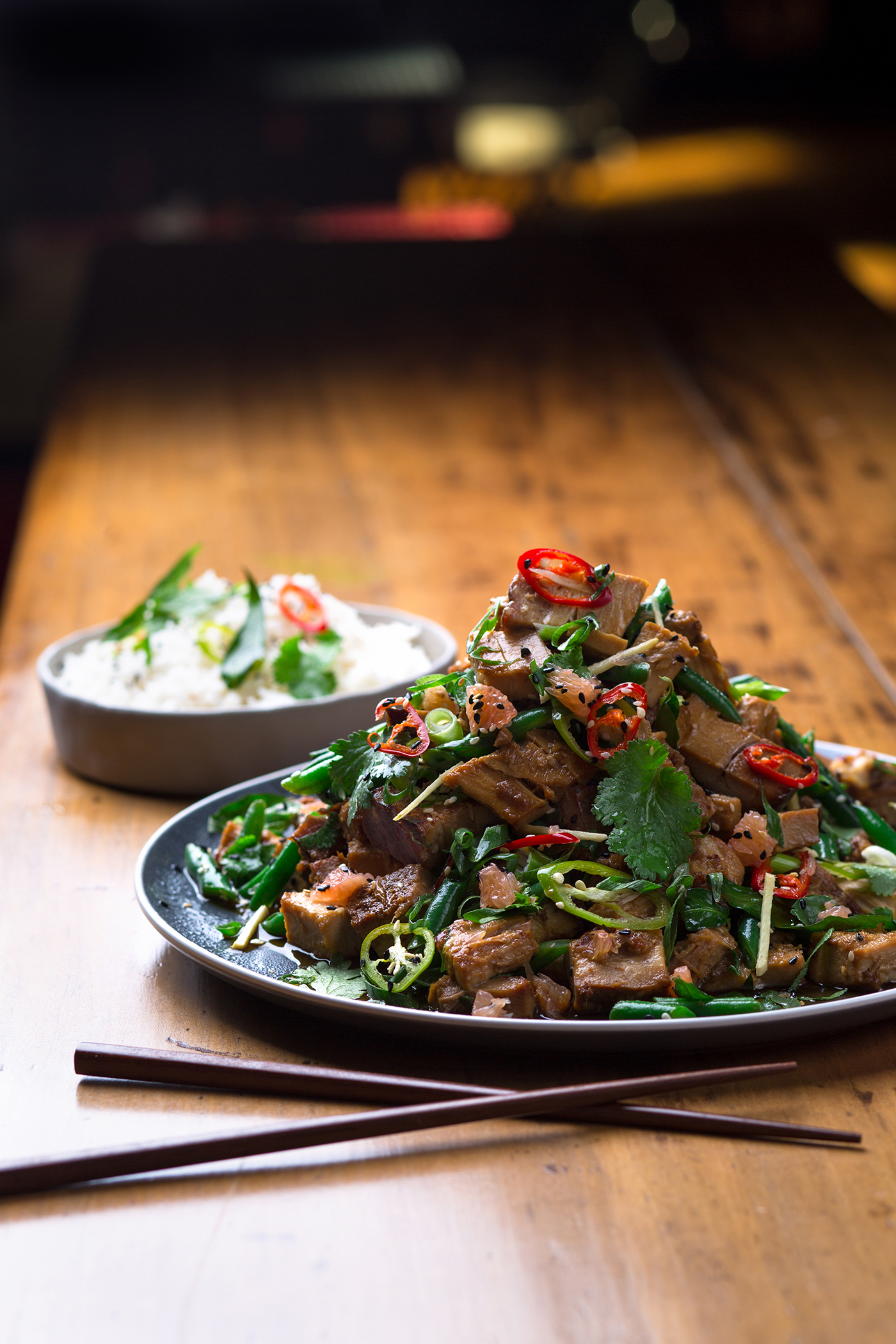 Honey & Ginger Candied Pork Belly Stir Fry with Green Bean Pomelo Salad