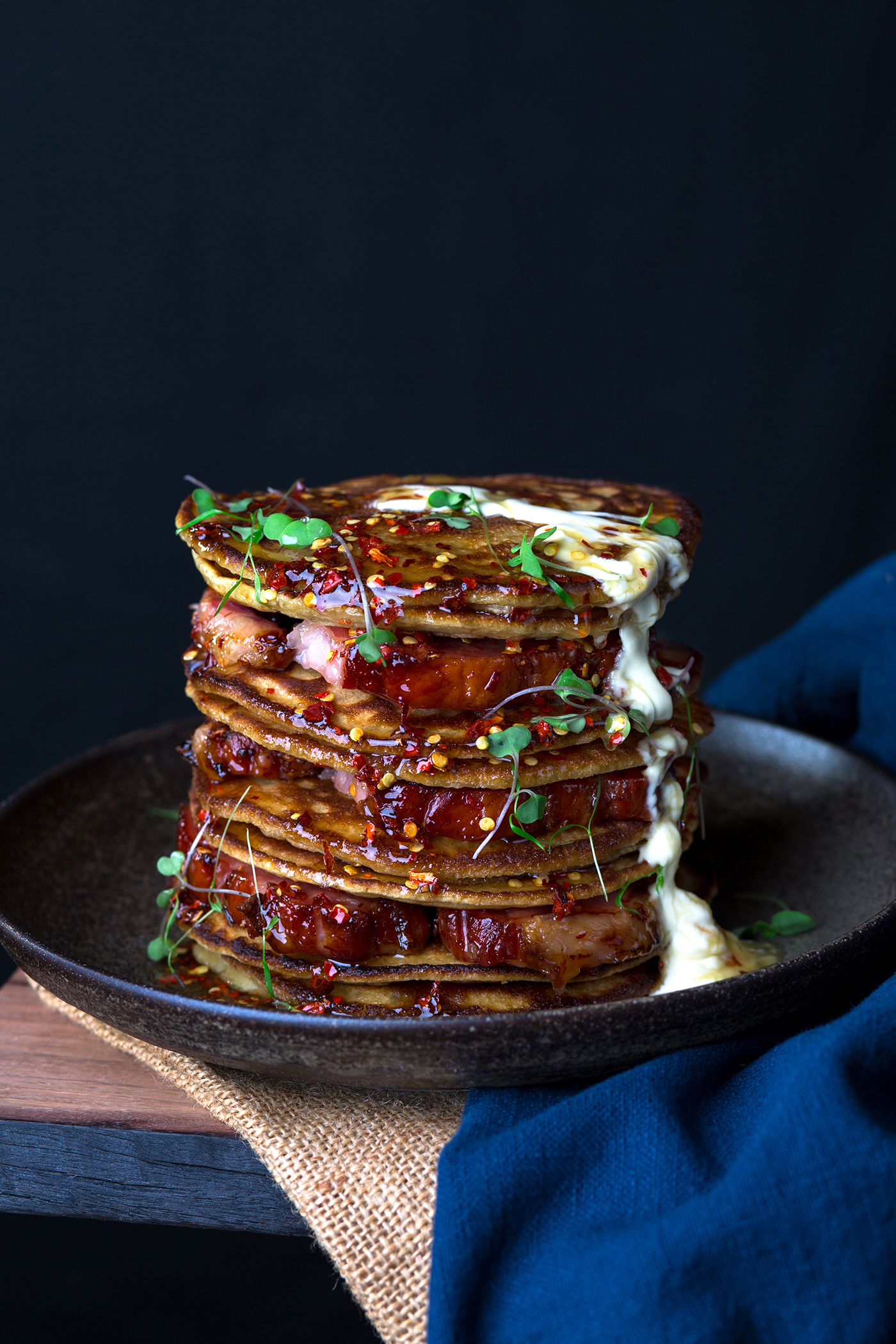 Spicy Honey Glazed Bacon Steak Pancake Stack